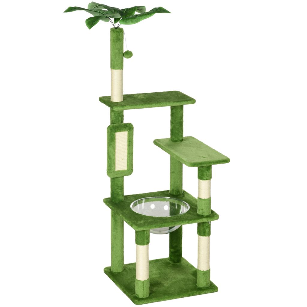 Multi-Level Cat Tree with Hammock, Scratching Post, Ball and Decorative Leaves, 49x49x142 cm, Green