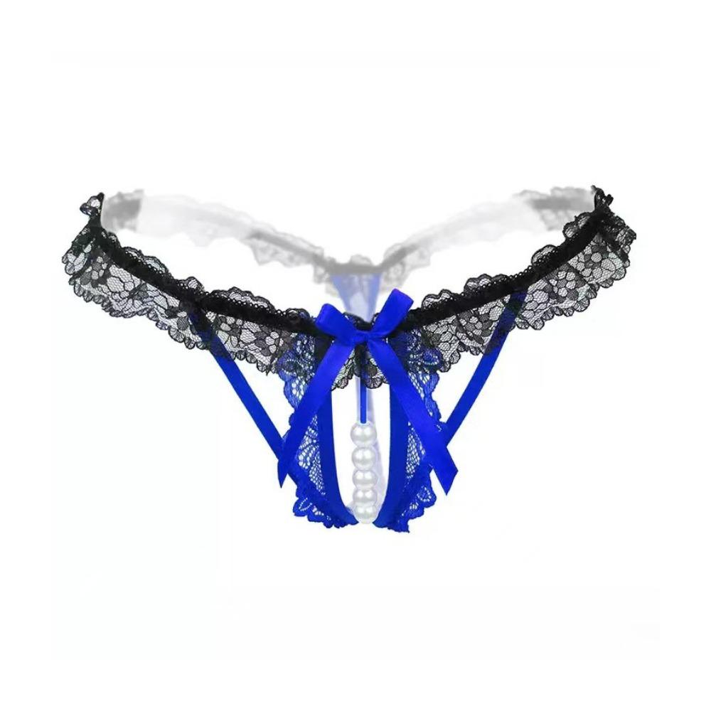 Open Crotch Lace Pearl Panties Low Waist See-through Thong Underwear for Women Ladies Girls