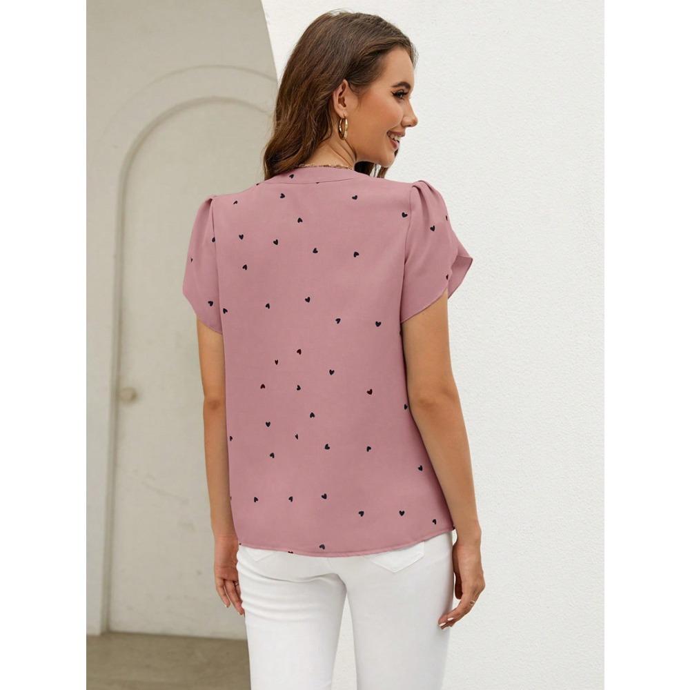 Summer new V-neck love petal pattern women's casual T-shirt top