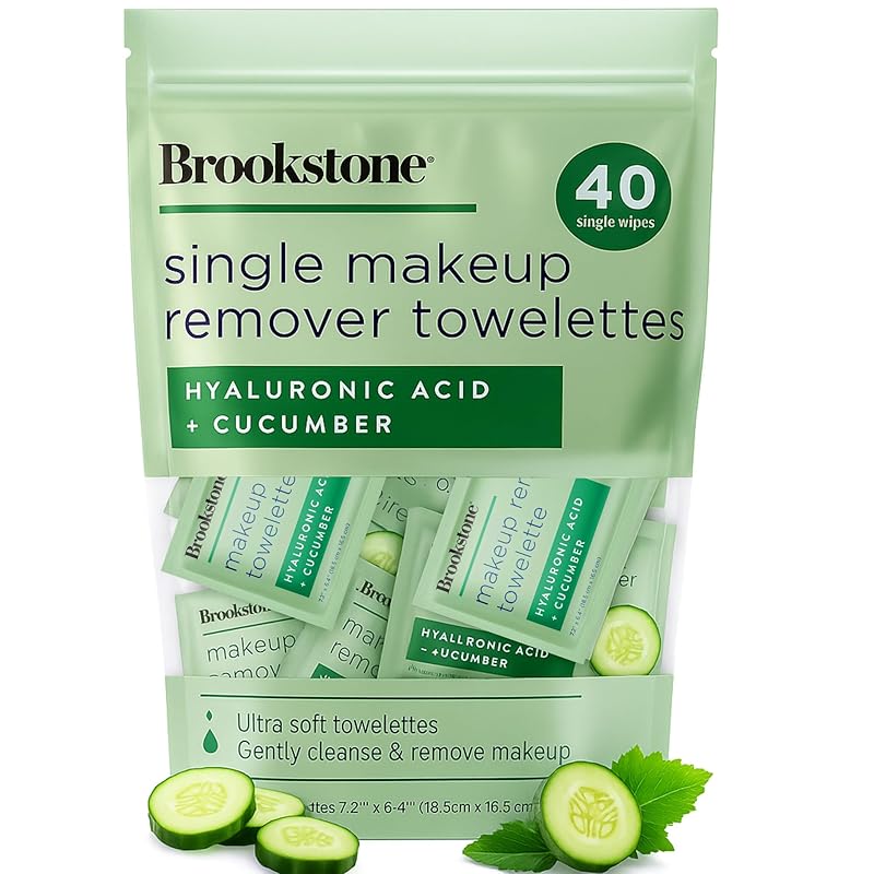 Brookstone Individual Makeup Remover Wipes - Ultra Soft, Makeup Remover Wipe Individually Wrapped, Gently Cleanse & Remove Makeup, 40 Count Makeup HYALURONIC ACID + CUCUMBE