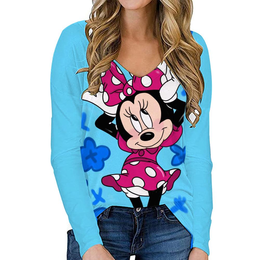 

V Neck Women s Long Sleeve T-shirt Disney Mickey Mouse T-shirt Autumn New Top Street Casual 2025 Y2k s-3XL S