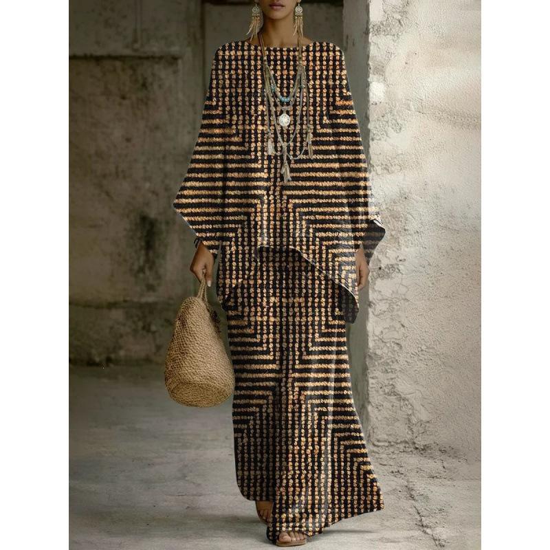 European and American retro bohemian suit exotic 1D printed loose top wide-leg pants temperament casual two-piece set