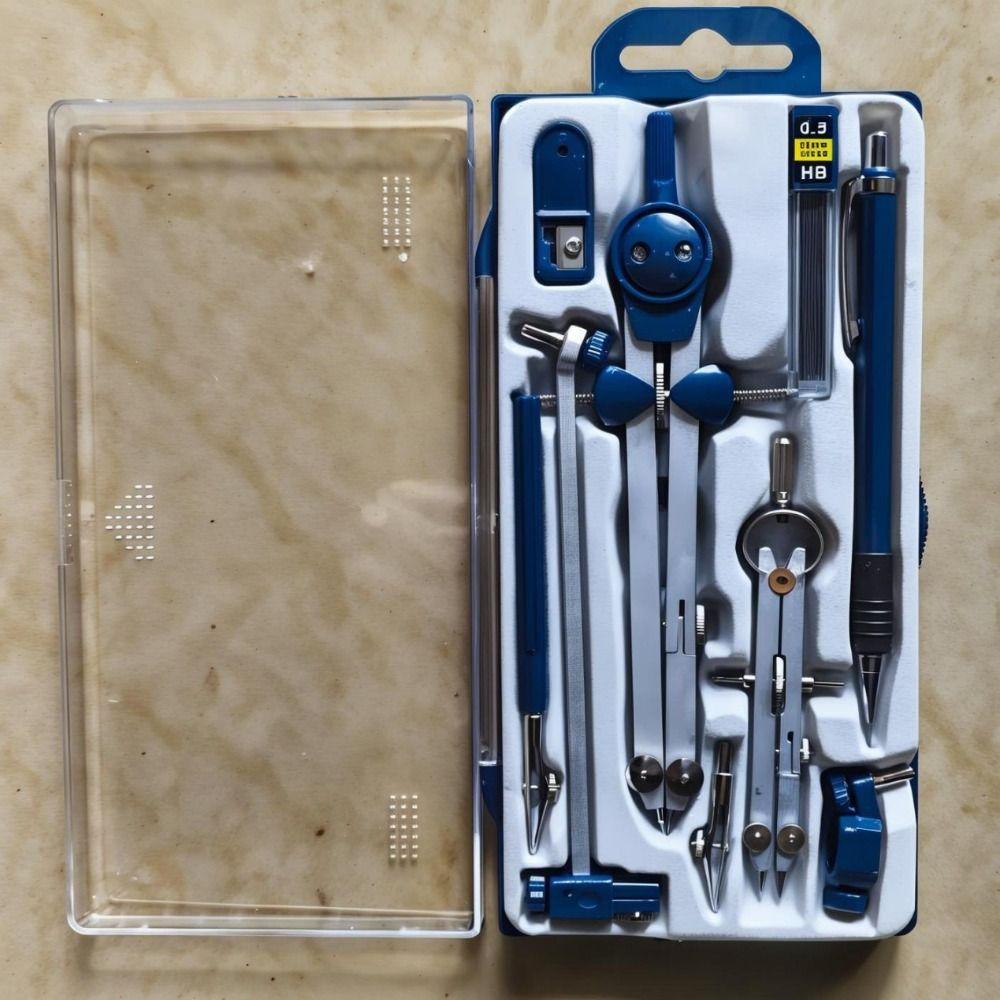 7pcs/Pack Transparent Cover Drawing Compass Kit Measuring Ruler Plastic Drawing Tool Set Stainless steel Mechanical Pencil