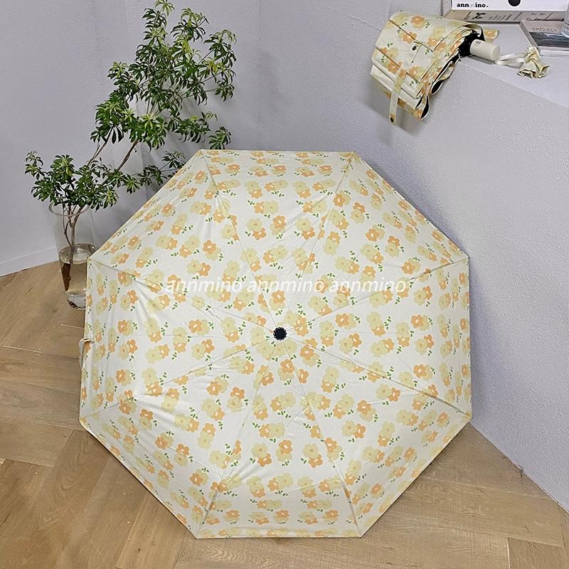 Paraguas automático para mujer con estampado de campo de flores y espuma de leche, de doble uso para sol y lluvia, sombrilla de vinilo plegable en tres secciones con protección solar