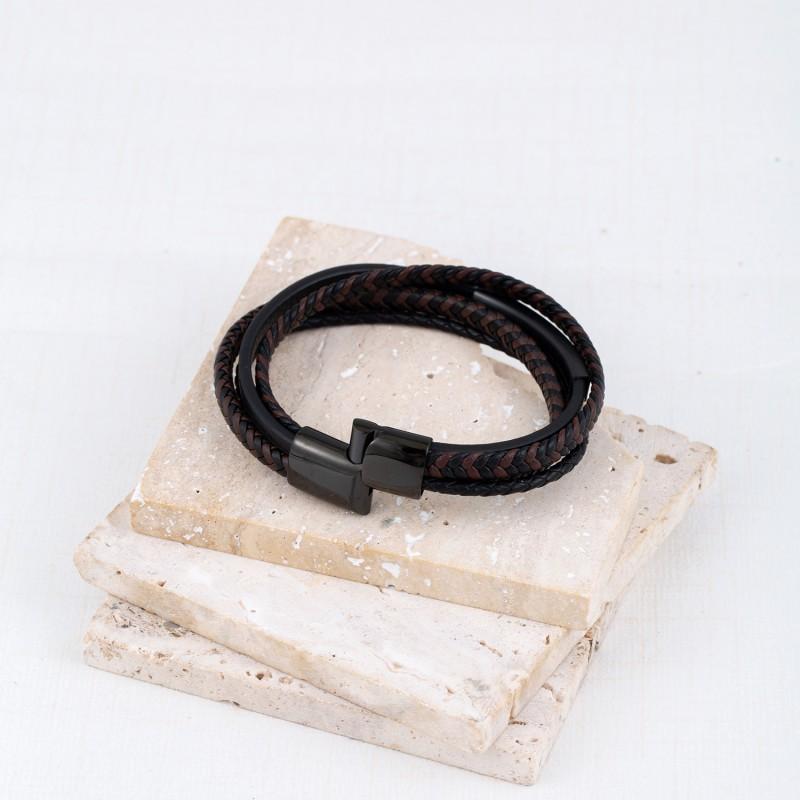 Mens Multi-Layer Leather Bracelet With Magnetic Clasp Geometric Design Minimalist Woven Style