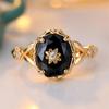Vintage Black Crystal Oval Stone Star Flower Rings For Women Antique Gold Color Engagement Bands Wedding Jewelry Versatile Gifts