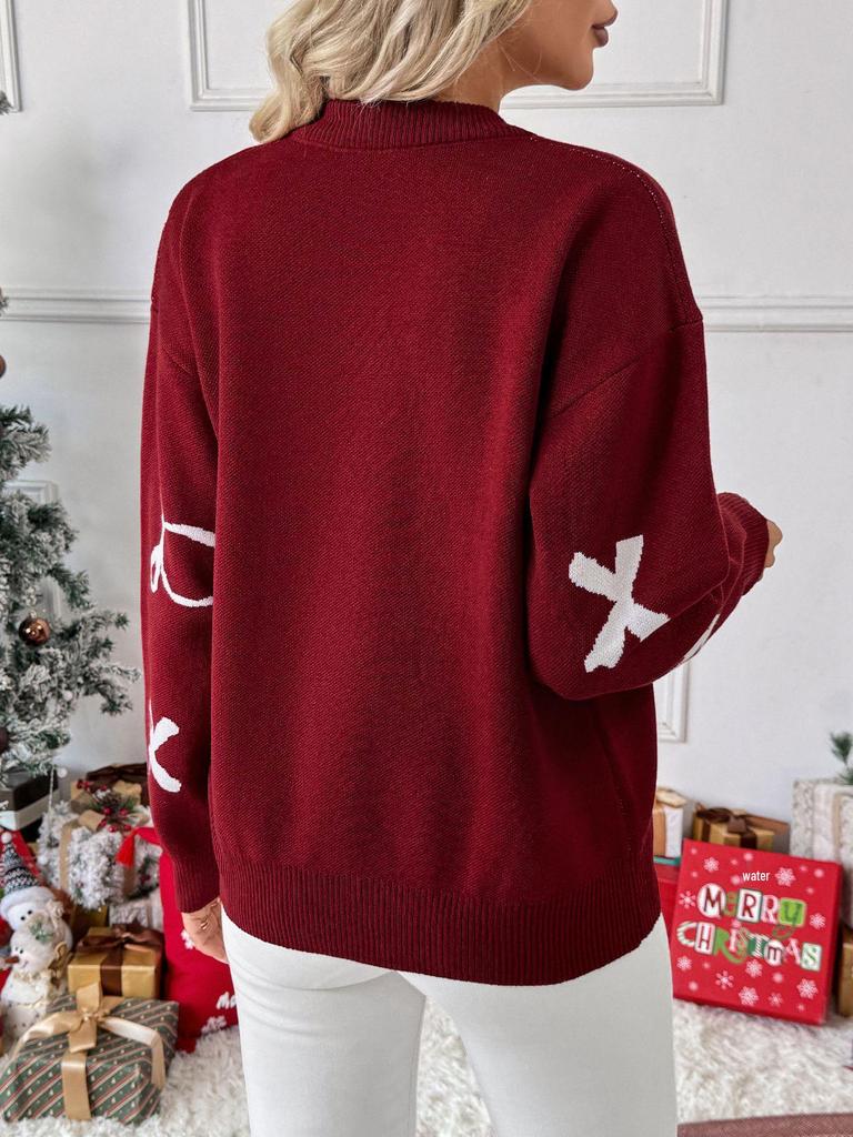 Tiktok Style Women's Long-Sleeved Christmas Bow Jacquard Sweater for Autumn and Winter