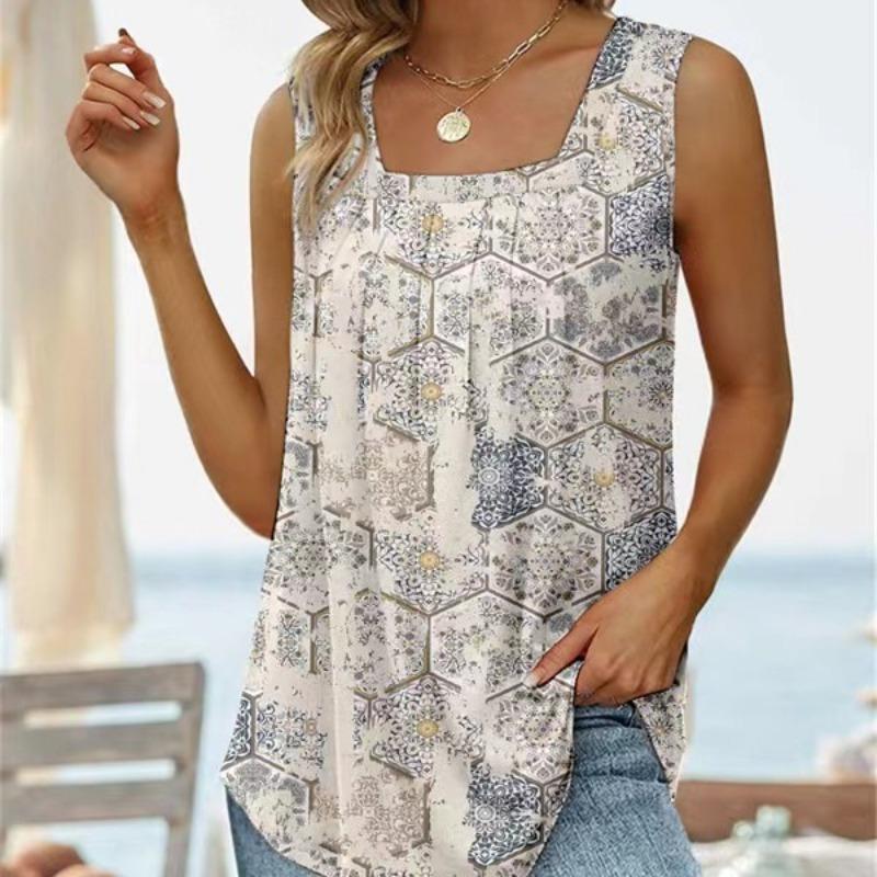 

Summer Sleeveless Square Neck Printed Vest T-shirt for Women 2XL синій