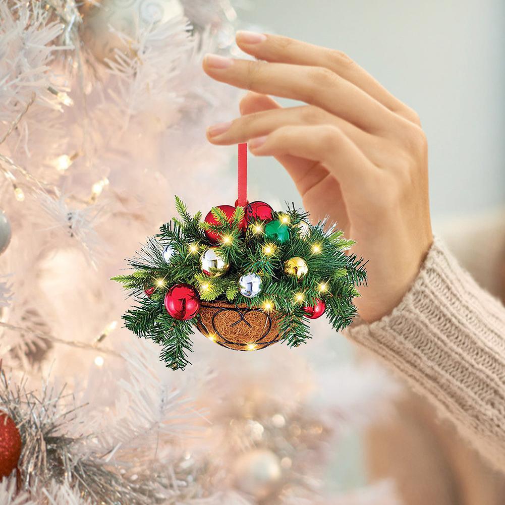Wooden Mini Artificial Hanging 2D Flower Basket Pine Branch Pinecone Xmas Tree Ornament Christmas Pendant Decoration 2024