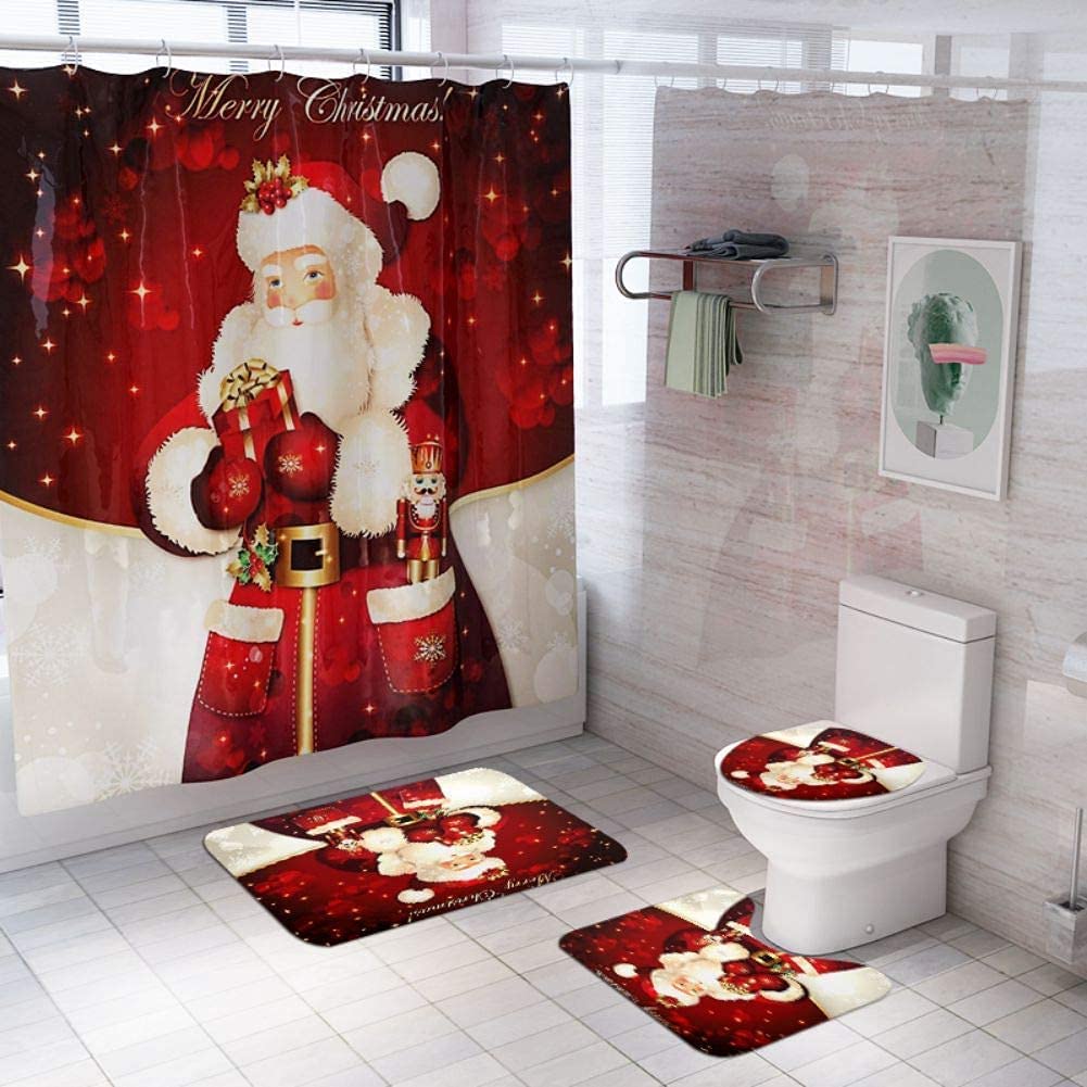 Snowman Santa Claus Shower Curtain Set Bathroom Set Non-Slip Mat Carpet Waterproof Toilet Seat Cushion Bath Mat Christmas Decor