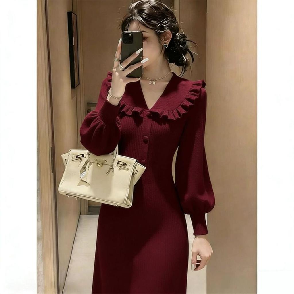 French Gentle Wind Light Luxury Doll Collar Bubble Sleeve Knitted Dress Women's Spring Senior Sense Slim Waist Long Dress
