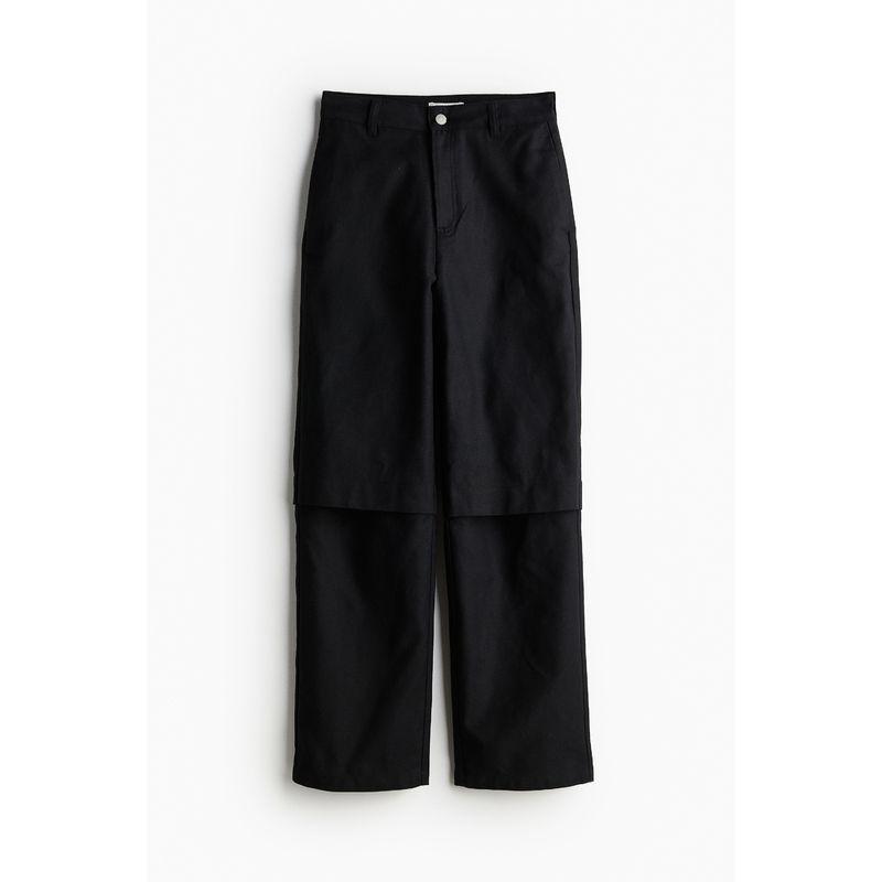 

HM Women s Clothes Casual Pants Autumn Plaid Cotton Knee-Exposed Design Straight-leg Twill Pants 1234830 Black 155/60(32)