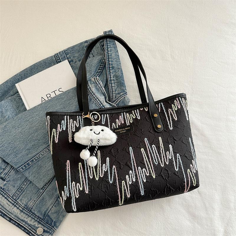 Casual commuting large-capacity bag women's new fashion college student class shoulder striped embroidered tote bag