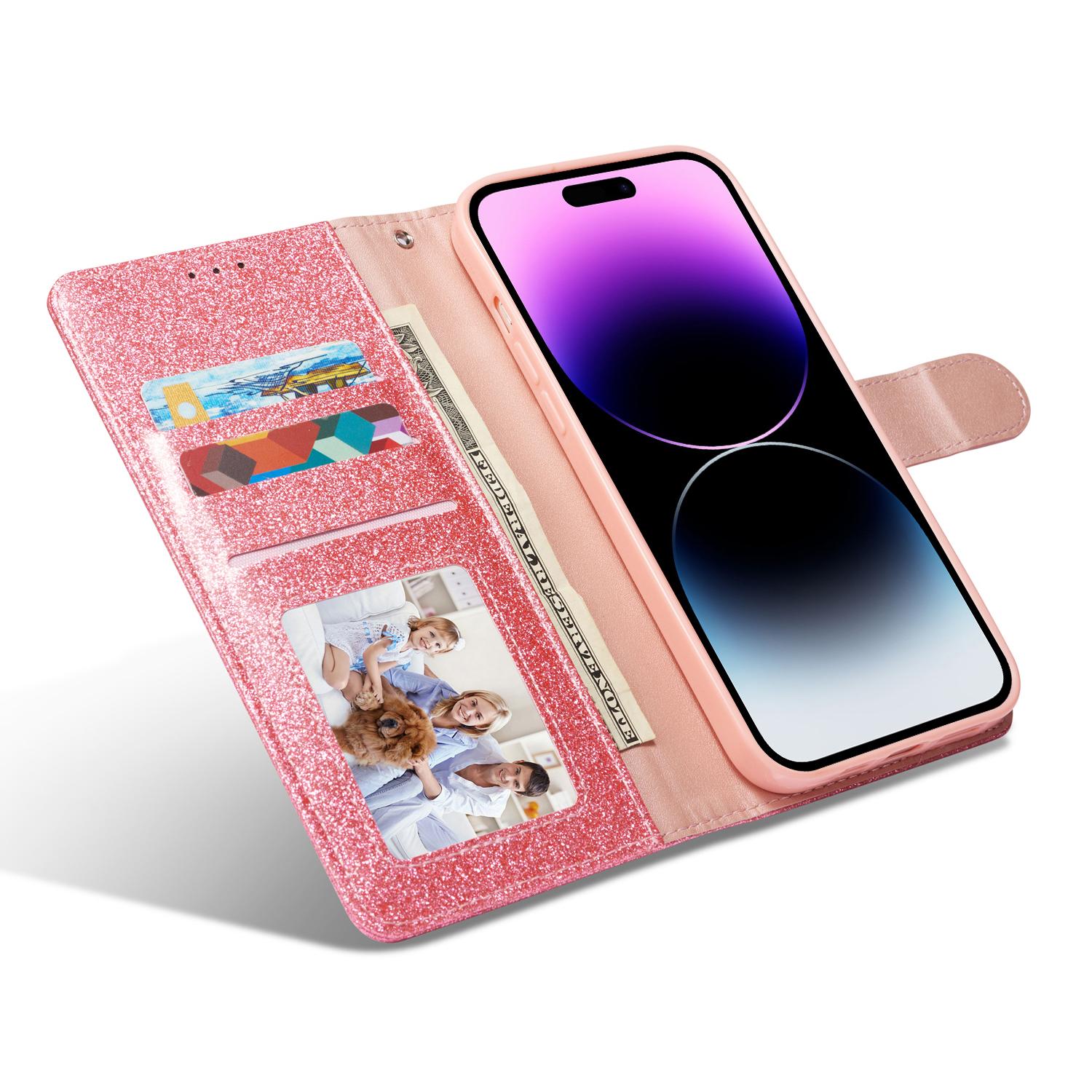 

For iPhone 14 Pro Max Glitter Leather Case with Diamond Love Heart Wallet Stand Flip Cover Pink