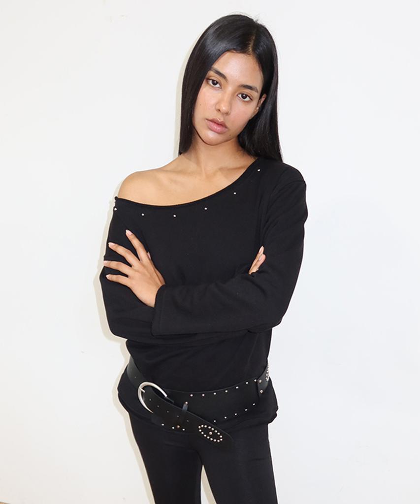 M.M.M Studded One-Shoulder Long Sleeve_Black