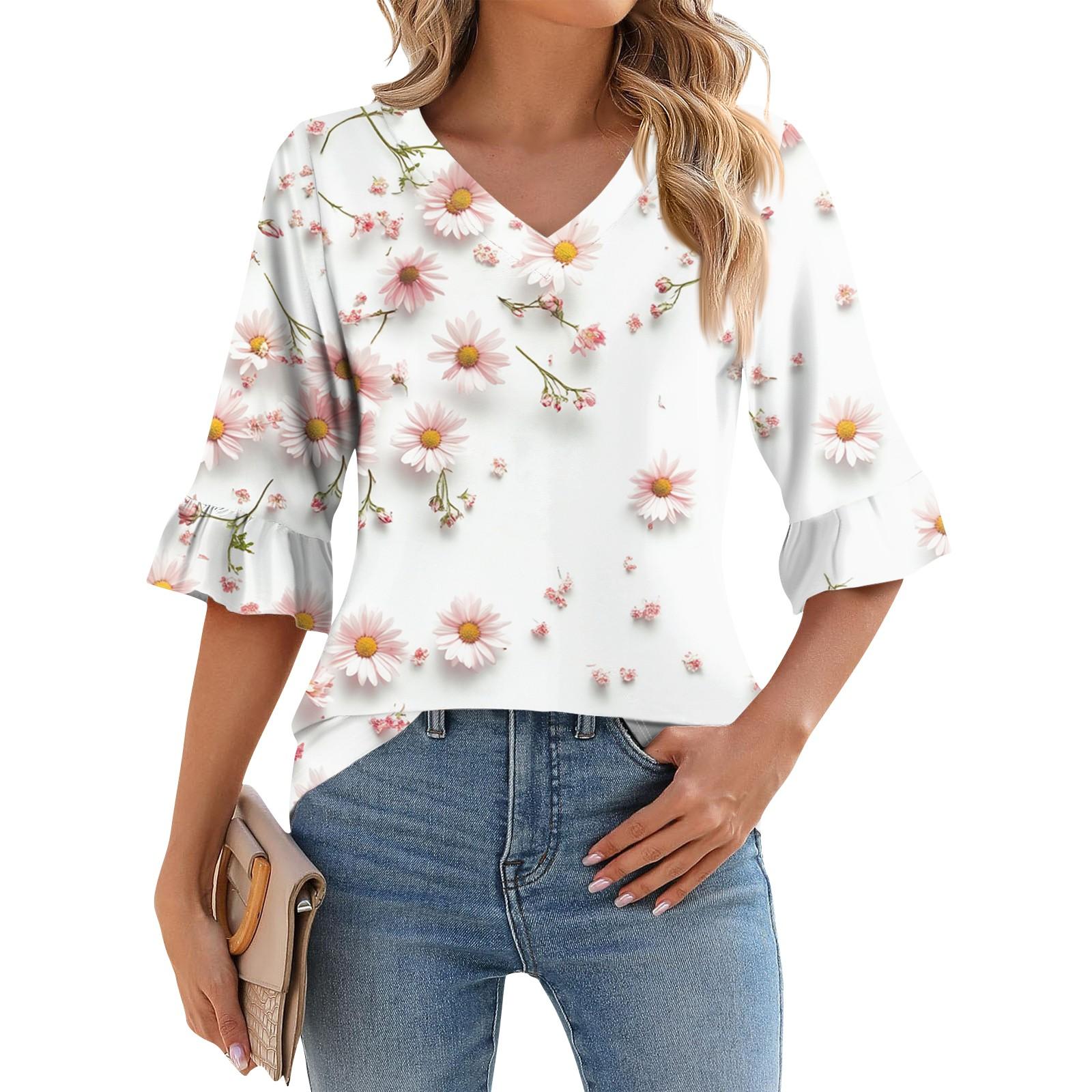 

Женская повседневная футболка с рукавом 3/4, летняя футболка с V-образным вырезом и пышными рукавами, гавайский принт L бежевый