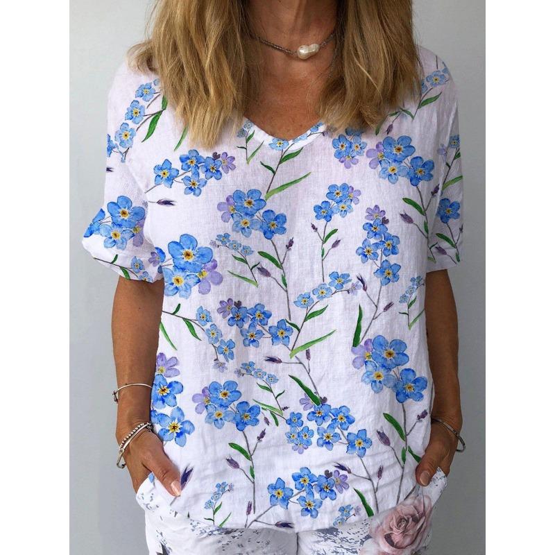Summer V-neck 3D Floral Printed Top Fashionable Casual Short Sleeved Women's T-shirts