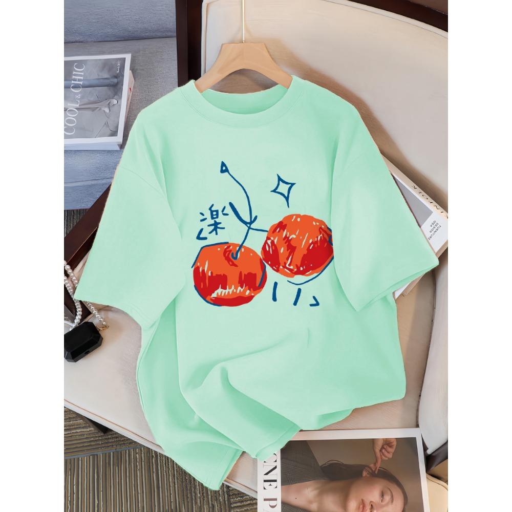 Cherry Pattern Printed Women's T-shirt Casual Sports Round Neck Short Sleeved Breathable Summer T-shirt Street New Clothing