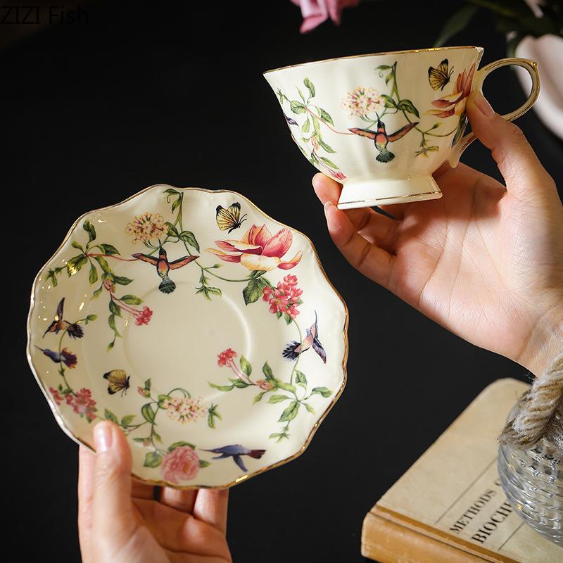Flower and Bird Patterns Ceramic Cup&saucer Dining Table Coffee Mug Milk Cups Afternoon Tea Teacup Fruit Juice Container