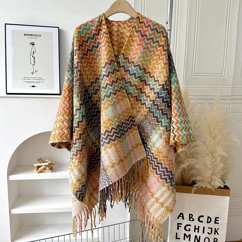 Ethnic Style Wave Pattern Long-Sleeve Knitted Shawl for Women - Warm for Autumn/Winter Travel