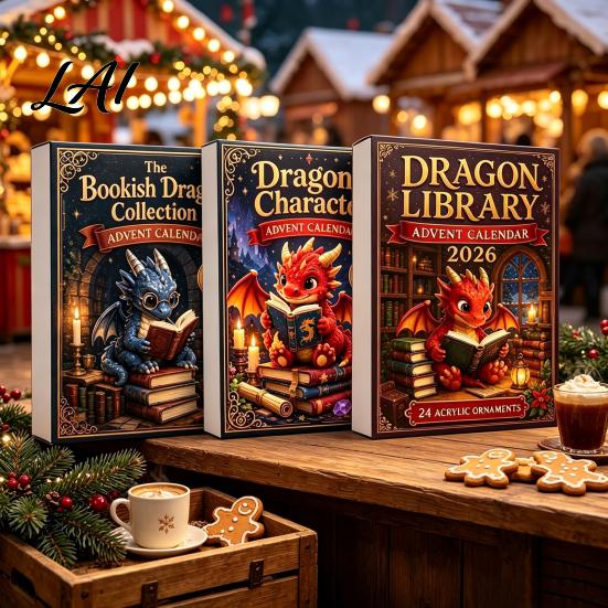 Süße Drachen Geschenksets Adventskalender 2026 24 Tage Buchliebhaber Weihnachten Countdown mit Acryl Bastelornamenten Mini-Drachen Fantasy Buchliebhaber