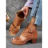 Summer Cut-out Heeled Sandals Women's 2025 New Thick-heeled Plus-size Buckle Roman Sandals