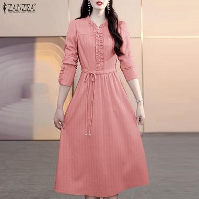Abito casual da donna a maniche lunghe con scollo tondo tinta unita
