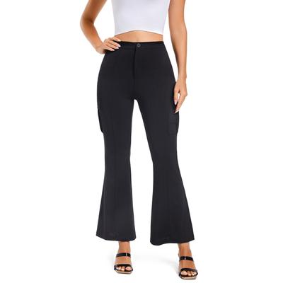 Women Black Solid Flared  Pleated Flap Pocket Flare Leg Sports Pants Bootcut Trousers Flap Pocket Flare Leg Sports Pants