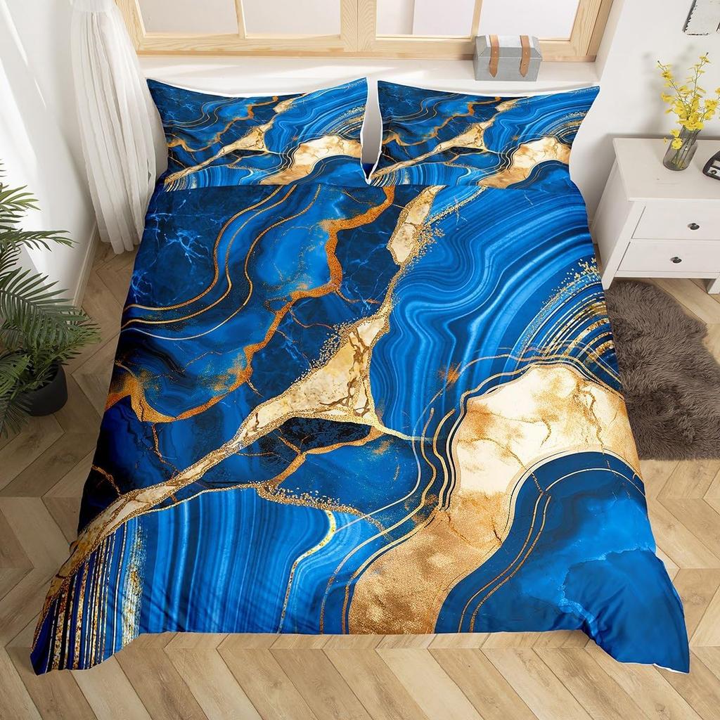 Marble Duvet Cover Twin, Gold Glitter Abstract Marbling Bedding Set Watercolor Stone Marble Texture Comforter Cover, Aqua Blue