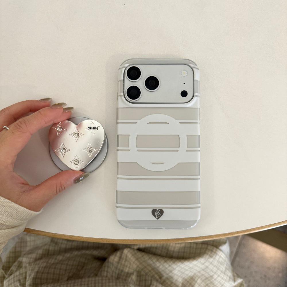 Korean Style Silver Diamond Heart Magnetic Case for iPhone 15/14 Pro Max with White Stripes