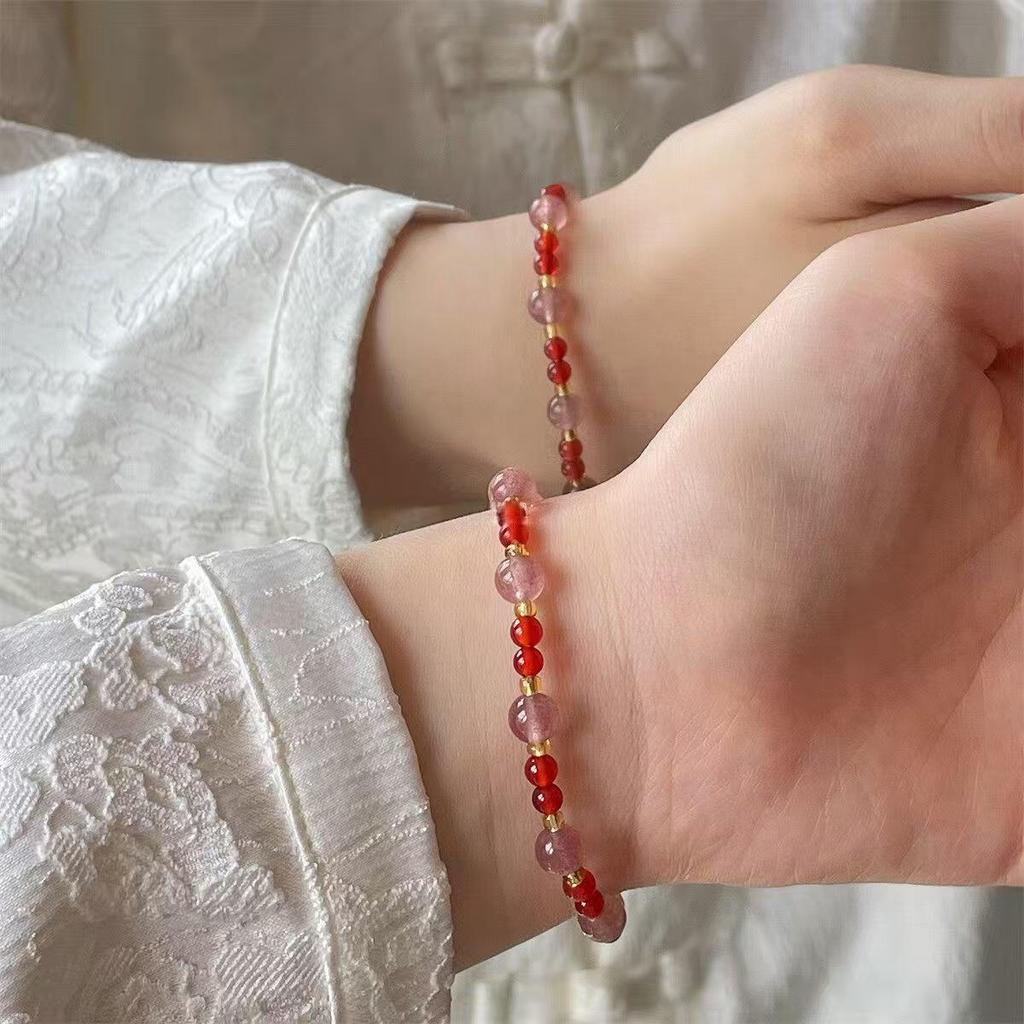 Red Summer: Chinese Red Agate & Strawberry Quartz Bracelet - Elegant & Versatile Design for a Touch of Luxury.