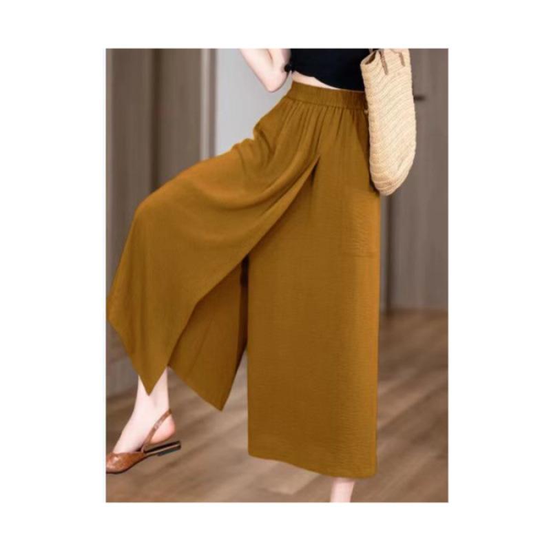 2026 summer thin loose high waist split lazy style casual culottes hip thigh thick and thin eight-point wide-leg pants