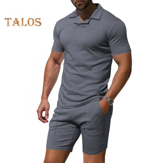 2 Teile/satz Männer Outfit Revers Kurzarm Pullover Tops Elastische Kordelzug Taille Taschen Shorts Set Einfarbig Sportswear