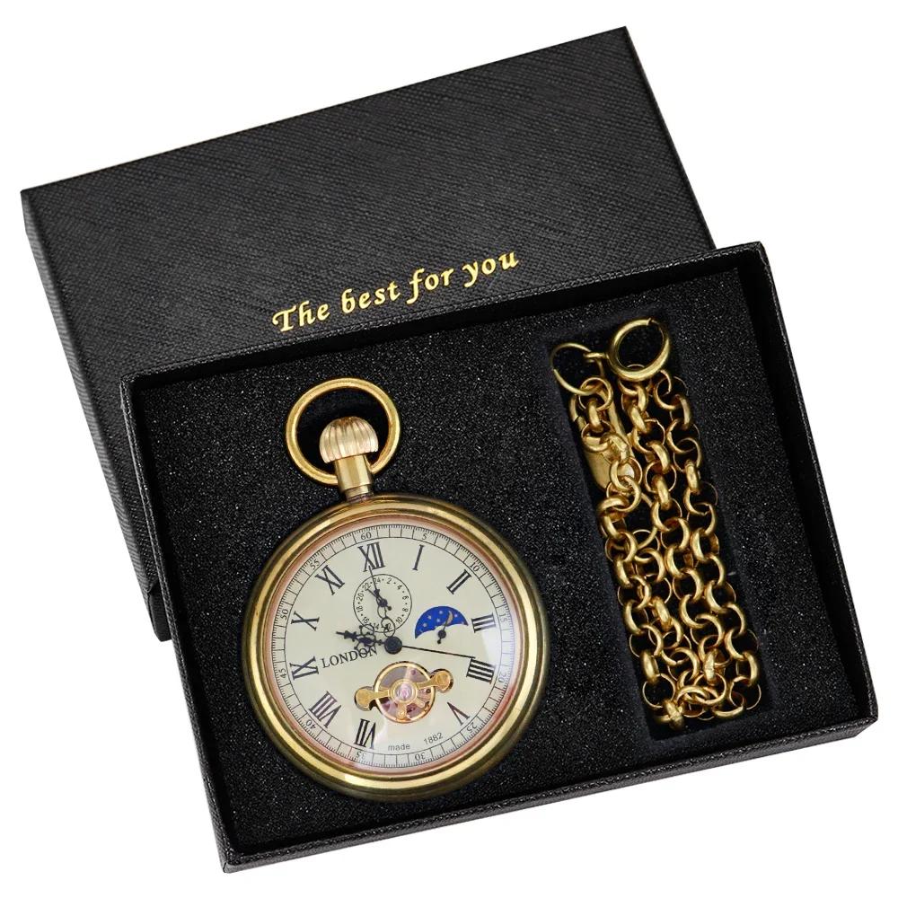 NEW Luxury Golden Pure Copper Mechanical Pocket Watch Roman Numerals Moon-phase Pocket Clock with Chain