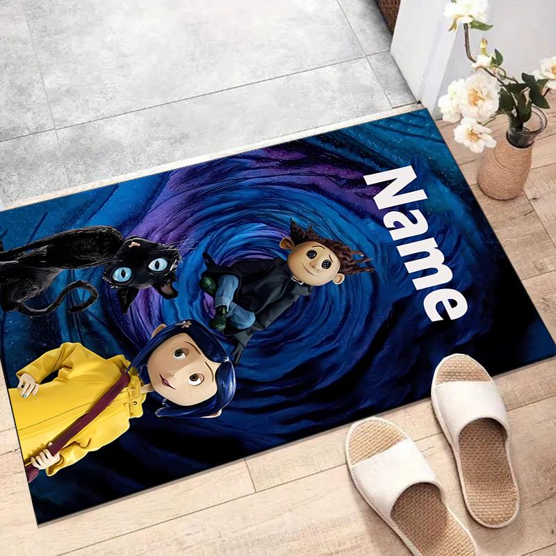 Custom Coraline Mat Personalized Name, Polyester Washable Indoor Entryway Rug, Gift for Christmas, Easter, Thanksgiving Day