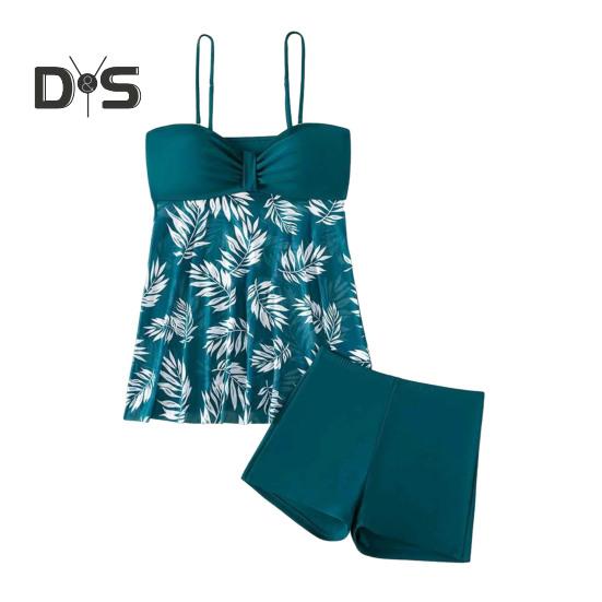 2Pcs/Set Tankini Set Adjustable Straps Padding Underwire Bandeau Tops Boxer Briefs Set Mesh Splicing Design Beach Swimwear