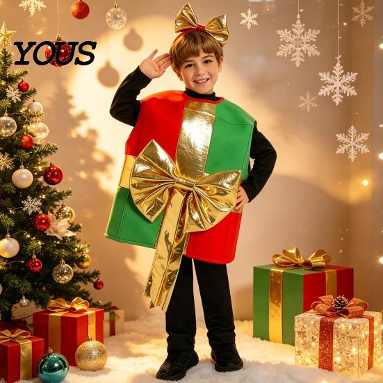 Indoor Outdoor Winter Play Clothes Christmas Box Costume for Kids, Santa Gift Dress Up Outfit Festive Holiday Performance Party, Soft Plush