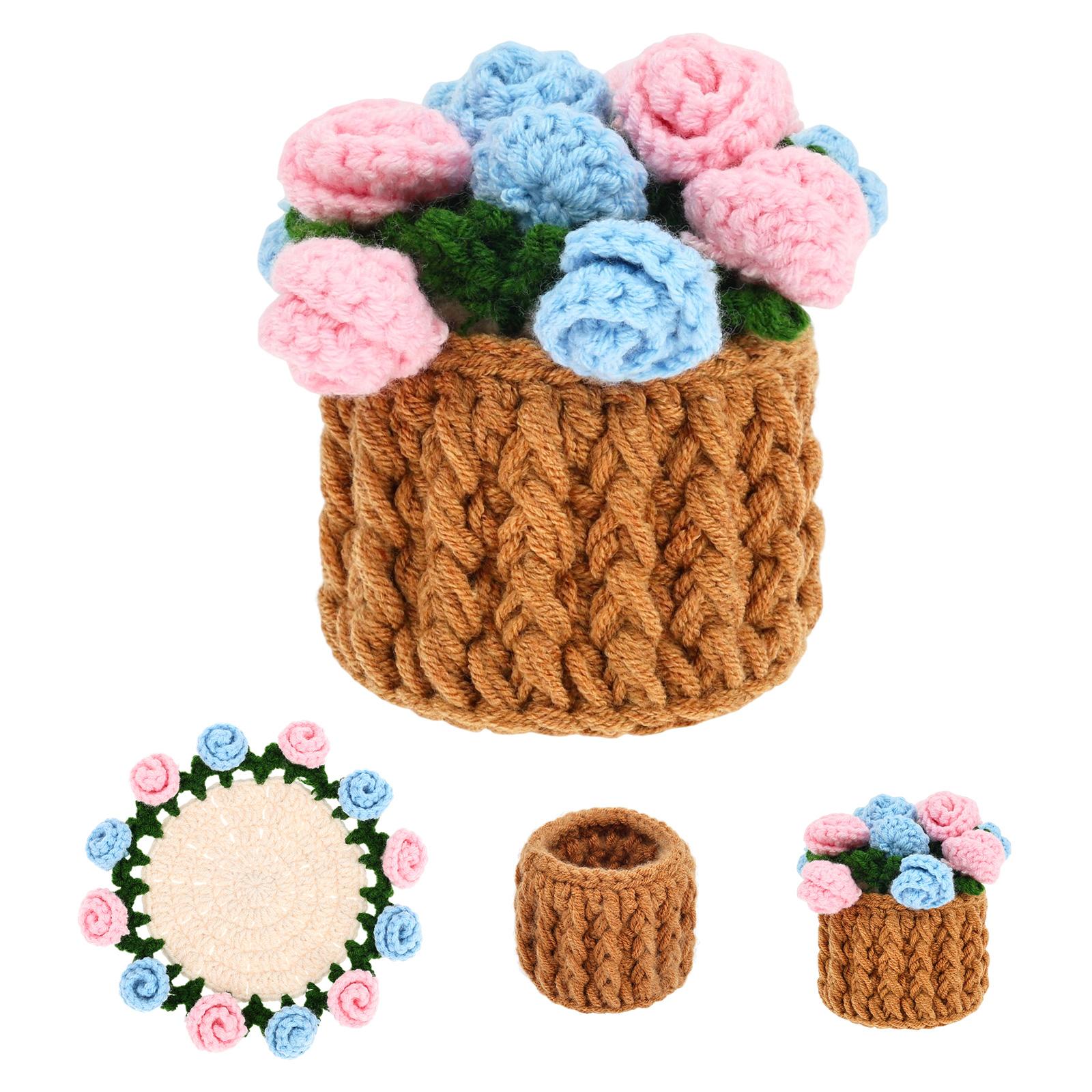 

1 Pc Rose Bouquet Coasters Handmade Bouquet Blanket Cup Pad Knitting Floral Cup Mat with Crochet Plant Pot Table Home Decoration синій