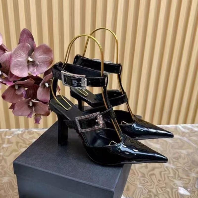 Fashion New Metal Decorative Belt Buckle Pointed Flat Heel High-heeled Shoes European American Fashion Spicy Girl Party Women Sandals