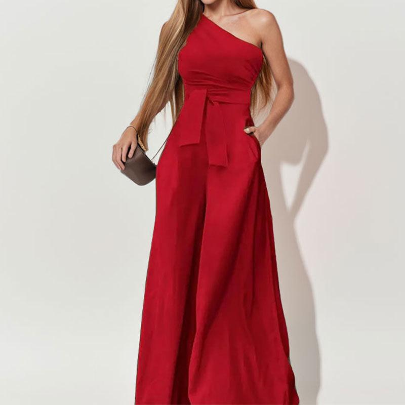 Women's Off Shoulder Three Quarter Sleeve Jumpsuit Slim Fit High Waist Elegant Floral Print Wide Leg Jumpsuit