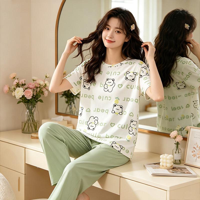 Korean Small Fresh INS Pajamas Women's Summer Milk Apricot Green Bear Round Neck Short-sleeved Trousers Set Women's Loungewear