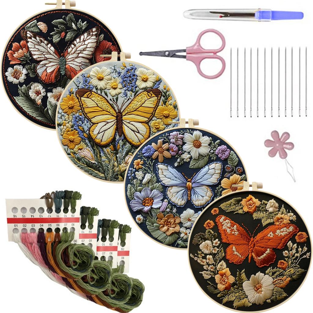 4 Pack Stamped Cross Stitch Kits with Embroidery Hoop Needles Threads Instruction Embroidery Kit Cross Stitch Set for Beginners