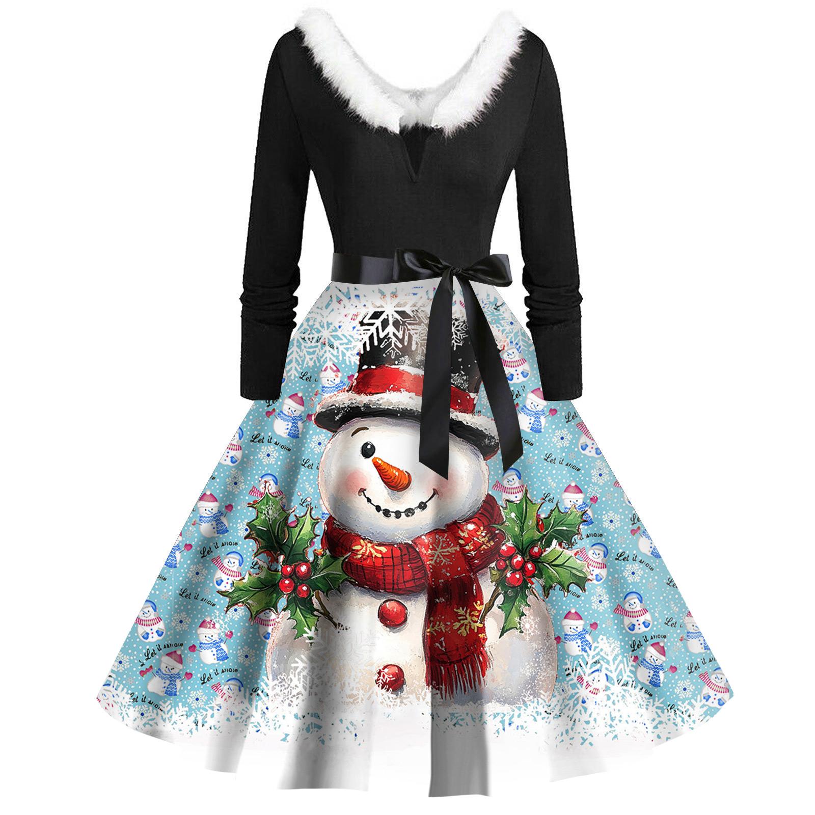 

Рождественский принт расклешенное платье для женщин платье с длинным рукавом полые вечерние повседневные платья XXXXXL