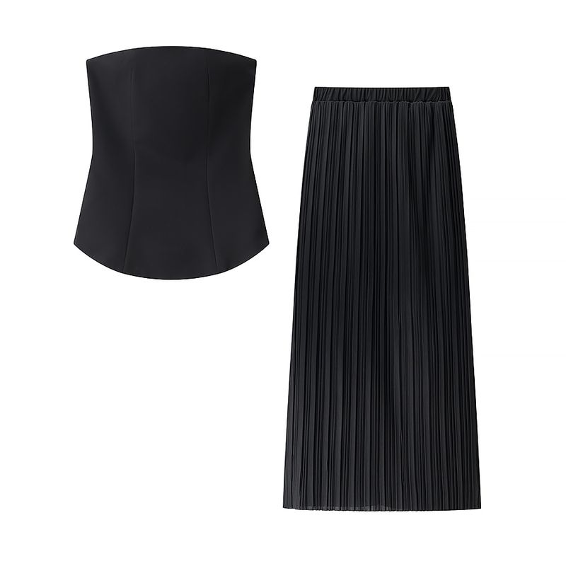 Spring New Women's Clothing Casual Minimalist Waist Trimming Short Tube Top Tops + High Waist Pleated Skirt Two-piece Set