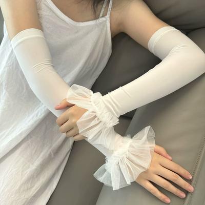 Elegante Damen Rüschen Einfarbige Lange Glockenärmel Armstulpen Outdoor Sonnenschutz Fahren Elastische Fingerlose Handschuhe