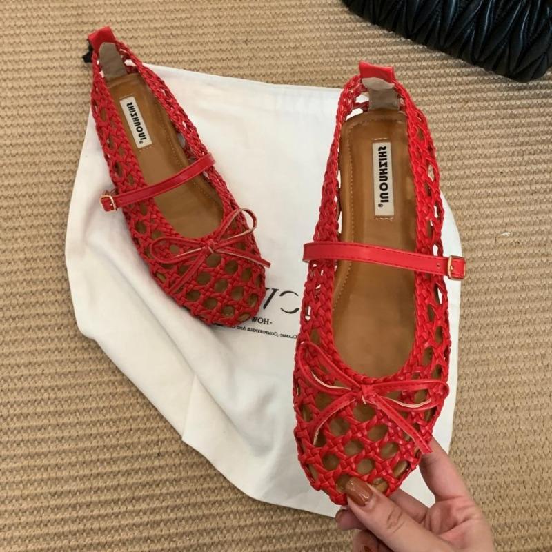 

High Quality Handmade Woven Mesh Flat Mary Jane Shoes Women Retro Shallow Bow Designer Shoes Comfortable Non-slip Casual Shoes 36 червоний