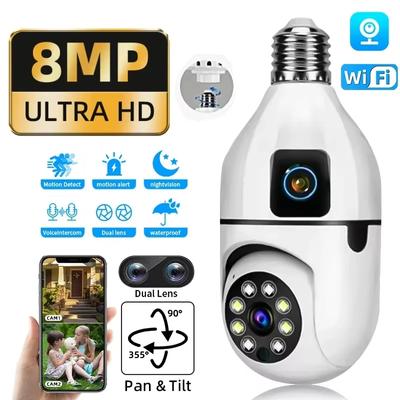 E27 Bulb Wifi Surveillance Camera 8MP Smart Home Dual Lens Camera Support Two-way Audio Color Night Vision Video CCTV Security