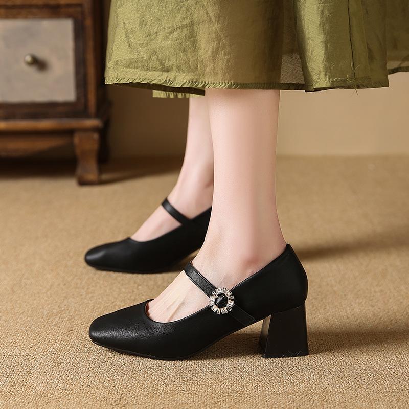 Square head shallow mouth Mary Jane single shoes women's 2025 spring new French temperament shallow mouth high heel fashion women's shoes