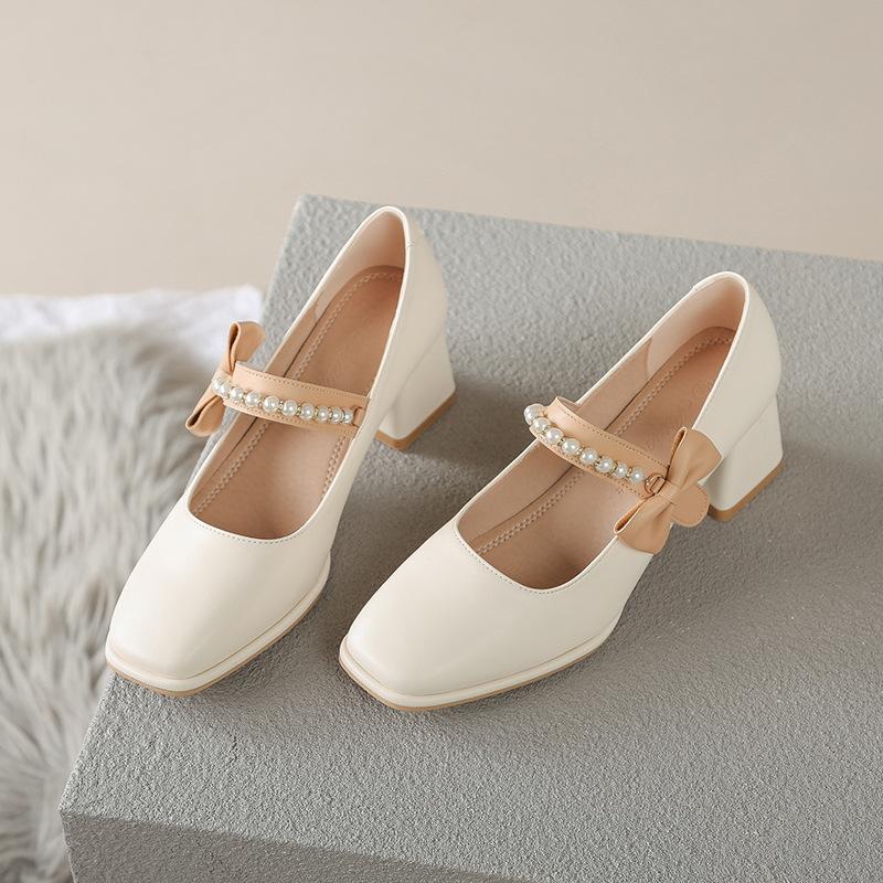 

1 Мэри Джейн квадратный носок одинарная обувь чувство дизайна ниша толстый каблук с туфли-юбка 34 абрикосовый