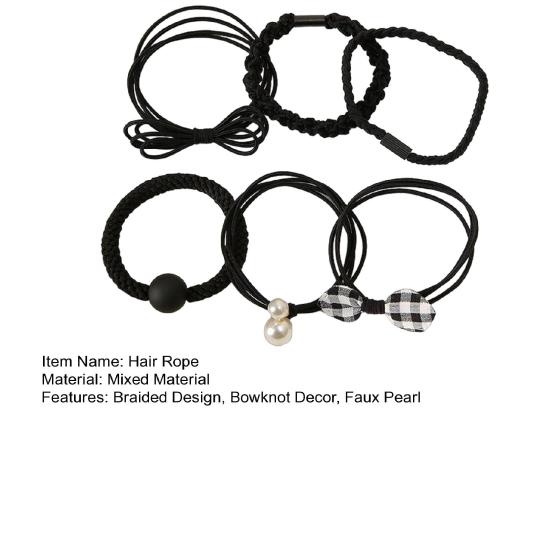 6Pcs Hair Ropes Braided Design Faux Pearls Bow Decor Hair Ties Soft Fabric High Elasticity No Damage Hair Bands Ponytail Holder Hair Accessories